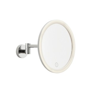 Specchio cosmetico rotondo Tesamit LED cromato con supporto a parete e illuminazione.
