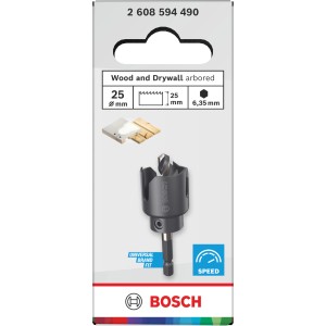 Seghe a tazza Bosch Wood and Drywall, Ø 25mm, con supporto, adatta per legno e cartongesso.