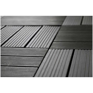 Dalles clipsables Gartec WPC anthracite, 30x30 cm, comme revêtement de sol pour terrasse ou balcon.