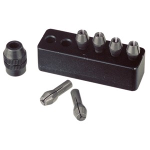 Set di pinze di serraggio in acciaio Proxxon con 6 pinze (1-3,2 mm), dado di serraggio e supporto per utensili miniaturizzati.