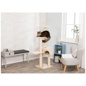 Arbre à chat beige Trixie Alicante, 142 cm de haut, avec chat sur la plateforme.