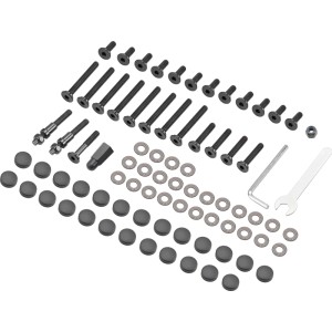 Set di montaggio per mobili da balcone Tapena con viti, rondelle, chiave a brugola e tappi di copertura.