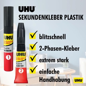 UHU Sekundenkleber Plastic, set adesivo a 2 fasi con attivatore e colla per plastica.