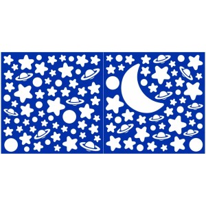 Wandsticker White Stars Gr. M: Zwei Bögen mit Sternen, Mond und Planeten für das Kinderzimmer.