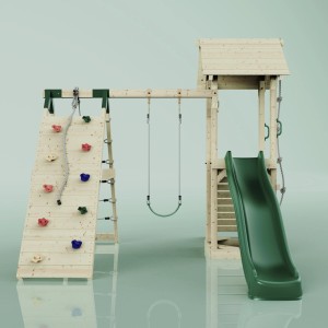 PolarPlay Torre gioco Trondheim con altalena, parete da arrampicata e scivolo verde.