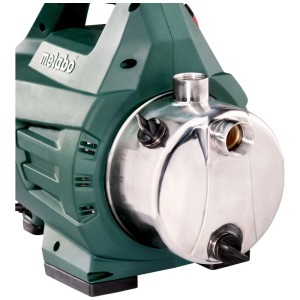Metabo Gartenpumpe P 4500 Inox, dunkelgrün mit glänzendem Edelstahlgehäuse. Effizient für Bewässerung, 1300W, 4500 l/h.