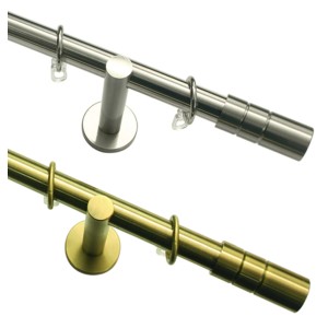 Set di aste per tende Gardinia Cylinder, effetto acciaio inox e ottone, con asta, pomelli e supporti.