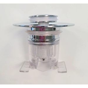 Bouchon de vidange Starlyf en plastique transparent avec système poussoir chromé et panier filtre pour lavabo.