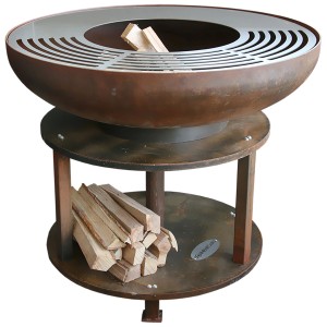 Brasero grill en acier Sonnenkönig Wikne avec rangement pour bois et anneau de gril.