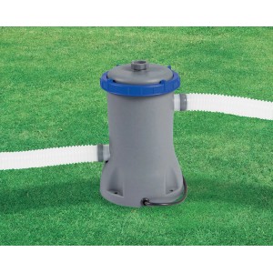 Pompe de filtration Flowclear 2'006 l/h pour piscines, grise avec des accents bleus et des tuyaux blancs.