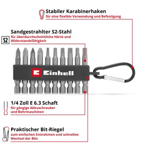 Einhell Jeu de 10 embouts avec mousqueton. Jeu d'outils avec embouts dans support et mousqueton.