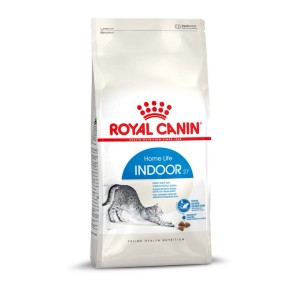 Royal Canin Indoor 27 cibo secco per gatti da appartamento, sacco bianco con gatto e crocchette. Riduce odori e boli di pelo.