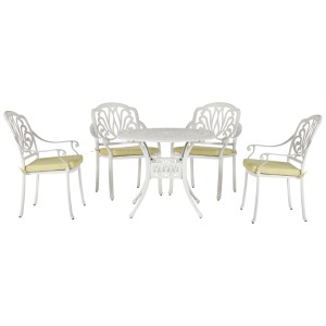 Ensemble de mobilier de jardin Beliani Ancona blanc avec 4 chaises et coussins jaunes.