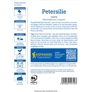 Kiepenkerl Petersilie Laura Saatscheibe, Kräutersamen. Weiße Packung mit Anbauanleitung für glattblättrige Petersilie.