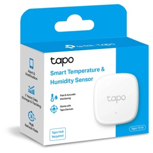 Emballage du thermo-hygromètre Tapo T310 en blanc. Capteur intelligent pour surveiller la température et l'humidité.