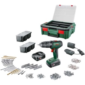 Trapano avvitatore a percussione a batteria Bosch UniversalImpact 18V con accessori, batterie e valigetta.