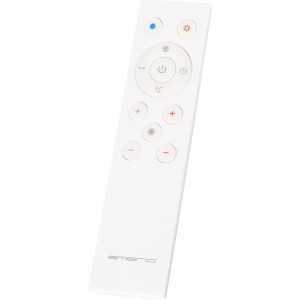 Telecomando Emerio bianco per ventilatore a torre 3in1. Tasti per ventilatore, riscaldamento, purificatore d'aria, oscillazione e timer.