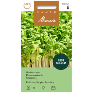 Packung Gartenkresse Samen, schnellwachsend und reich an Vitaminen.
