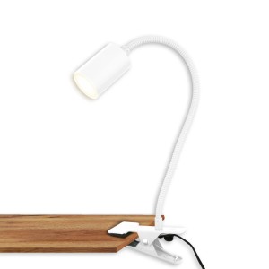 Lampada a morsetto LED bianca Briloner FLEKS con collo di cigno e interruttore a cavo su tavola di legno.