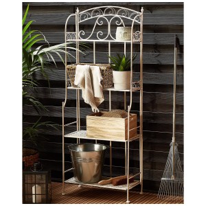 Scaffale da giardino Beliani Padua in metallo bianco con quattro ripiani per piante e accessori da giardino.
