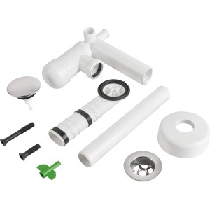 Siphon gain de place Prevex, blanc, avec soupape à tirette chromée. Siphon pour lavabos.