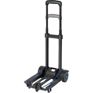 Carrello portapacchi nero piegato con pala pieghevole e dettagli blu.