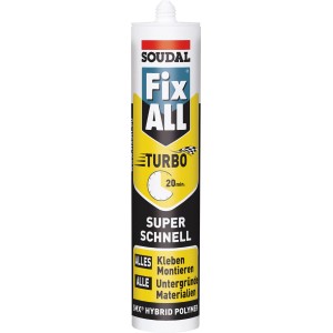 Cartuccia Soudal Fix All Flexi Turbo, bianca, per incollaggio e sigillatura rapidi.