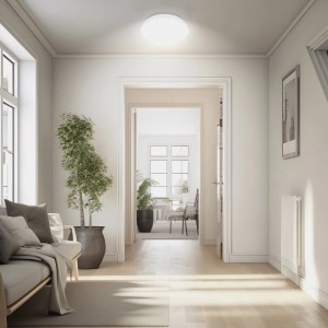Plafonnier LED Brilo blanc et rond avec effet ciel étoilé illumine un couloir moderne.