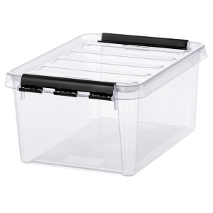 Transparente SmartStore Aufbewahrungsbox Classic 8 l mit Deckel und schwarzen Clips.