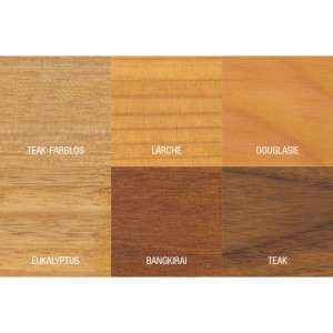Échantillons de couleurs pour la protection du bois à l'huile de douglas Bondex : Teck, Mélèze, Douglas, Eucalyptus, Bangkirai, Teck.
