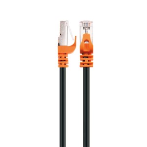 Cavo di rete Schwaiger CAT7, 10m, arancio/nero, con connettore metallico per computer e multimedia.