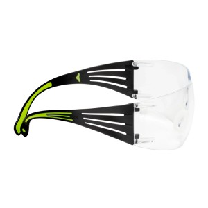 Lunettes de protection 3M SecureFit 400 avec verre en polycarbonate transparent et branches noires et vert néon.