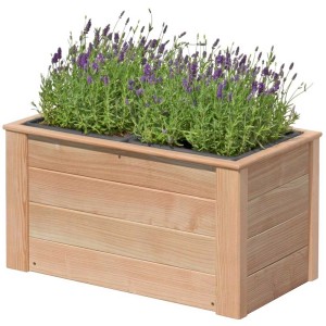 Jardinière en mélèze avec inserts pour plantes, plantée de lavande.