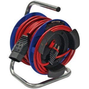 Enrouleur de câble compact rouge de 15m avec boîtier bleu et cadre en métal.