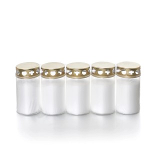 Lot de 5 bougies funéraires blanches Balthasar Brenner avec couvercle doré. Résistantes aux intempéries et anti-gouttes.