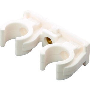 Clip per tubo doppio Ø 18 mm in plastica con filettatura M6 per fissare due tubi.