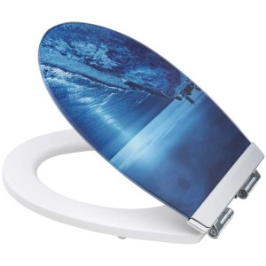 Sedile WC Diaqua Menton LED Night Beach con chiusura rallentata, motivo oceano blu.