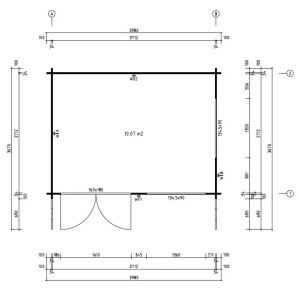 Pianta casetta da giardino Gabriel-34, 428x367 cm, marrone, con misure e posizione finestre/porte.