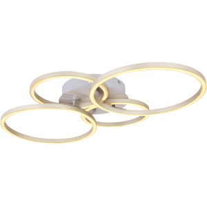 Moderna plafoniera Globo Kendy in nichel opaco con anelli LED intrecciati.