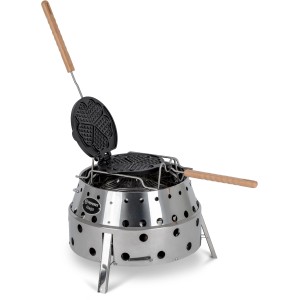Gaufrier réversible en fonte avec poignées en bois et support de gril pour de délicieuses gaufres.