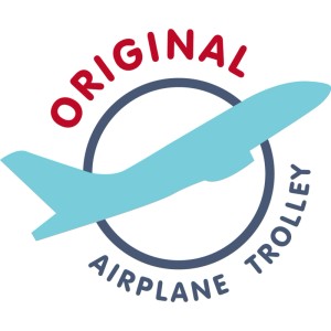 Logo "Original Airplane Trolley" con aereo blu. Identifica il carrello aereo Diaqua Swissair Antracite.