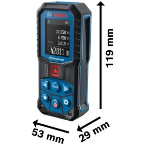 Bosch Professional GLM 50-22 Laser-Entfernungsmesser mit Display und Abmessungsangaben.