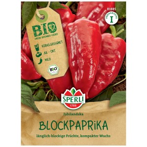Sperli Graines de Poivron Jubilandska Bio, poivrons rouges oblongs devant l'emballage.