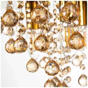 Plafoniera Globo London dorata con cristalli acrilici per un'illuminazione elegante.