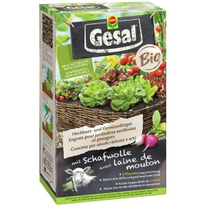 Packung Gesal Bio Hochbeet- und Gemüsedünger mit Schafwolle für gesunde Pflanzen.
