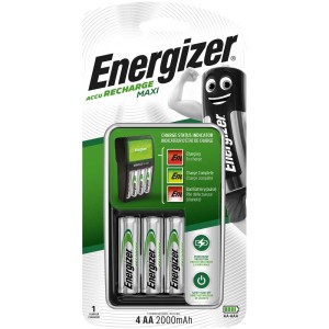 Chargeur de piles Energizer Recharge Maxi avec 4 piles AA 2000 mAh.