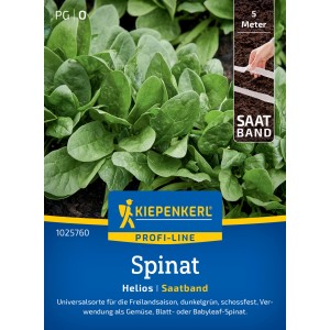 Kiepenkerl Épinard Helios F1 Ruban de graines : Plante d'épinard vert foncé et ruban de graines sur l'emballage.