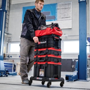 Einhell Rollbrett con valigia sistema E-Case e borsa porta attrezzi per un facile trasporto.