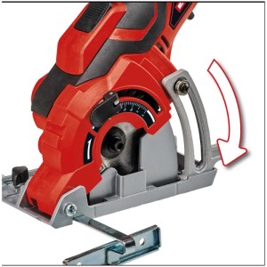 Mini sega circolare a mano Einhell TC-CS 89 in rosso/grigio, dettaglio lama e regolazione profondità di taglio.