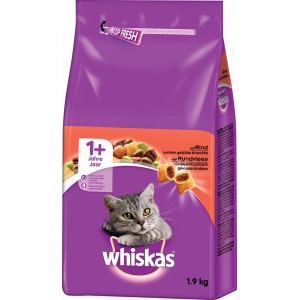 Whiskas 1+ Rind Katzentrockenfutter, 1,9kg Packung mit leckeren Knackits für ausgewachsene Katzen.